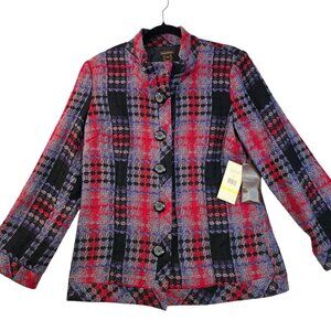 Multiples Button Front Blazer Medium Red Black Purple Jacquard Abstract Textured